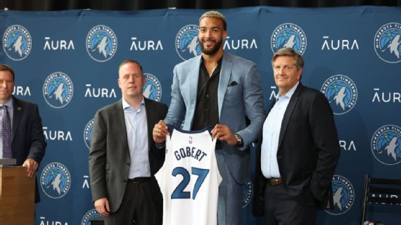 Rudy Gobert en su presentacion con los Timberwolves (Fuente: ESPN)