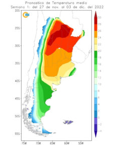 El mapa de calor para esta semana en Argentina. (Foto: Servicio Metereológico Nacional)