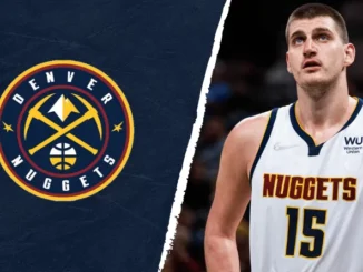 Nicola Jokic y el escudo de los Denvers Nuggets