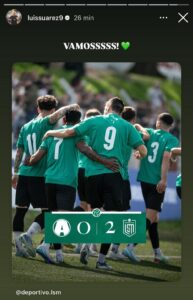 (El posteo del delantero uruguayo sumándose a la victoria de su equipo)